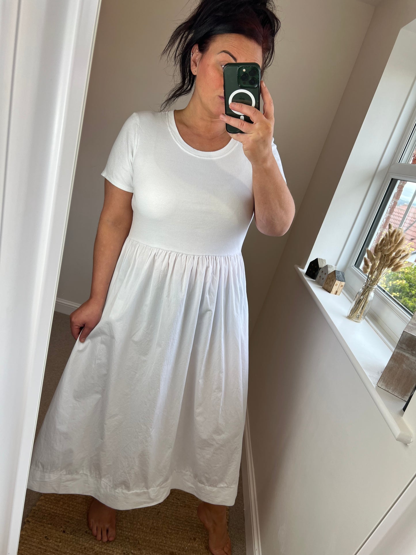 Fit & Flare Midi Dress with Pockets - White