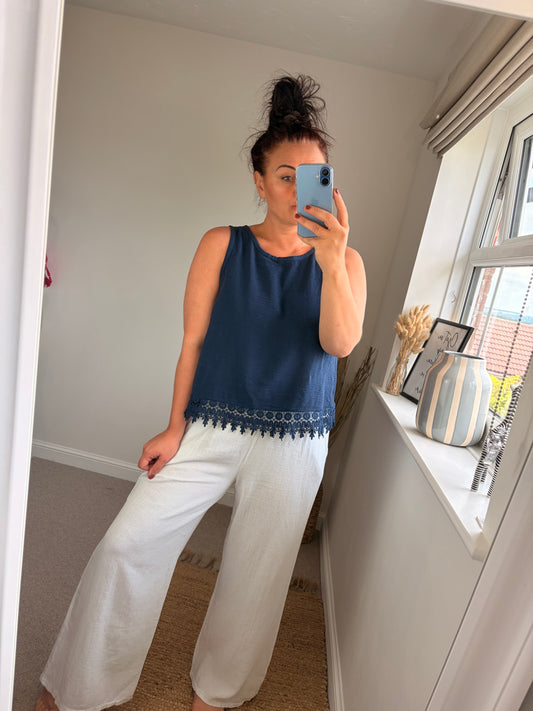Crochet Trim Vest - Navy