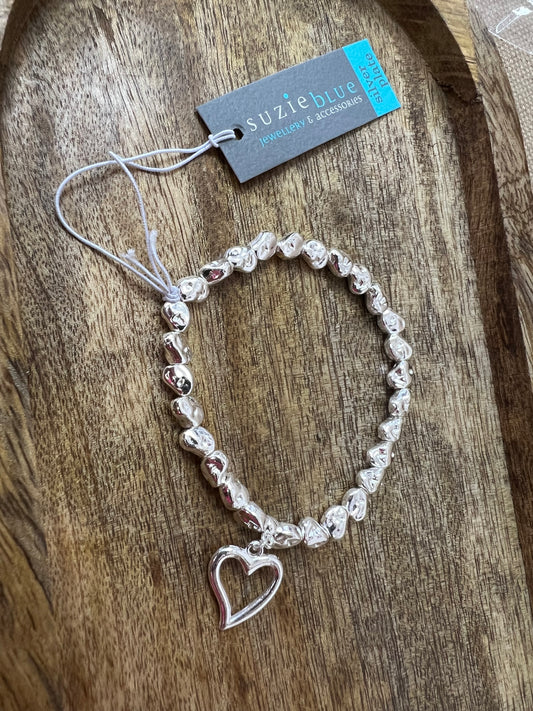 Suzie Blue Silver Plated Nugget Stretch Heart Bracelet