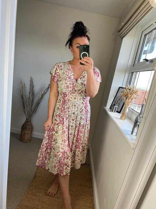 LOTTIE Midi Button Dress with Pockets - Pink Ditsy Floral