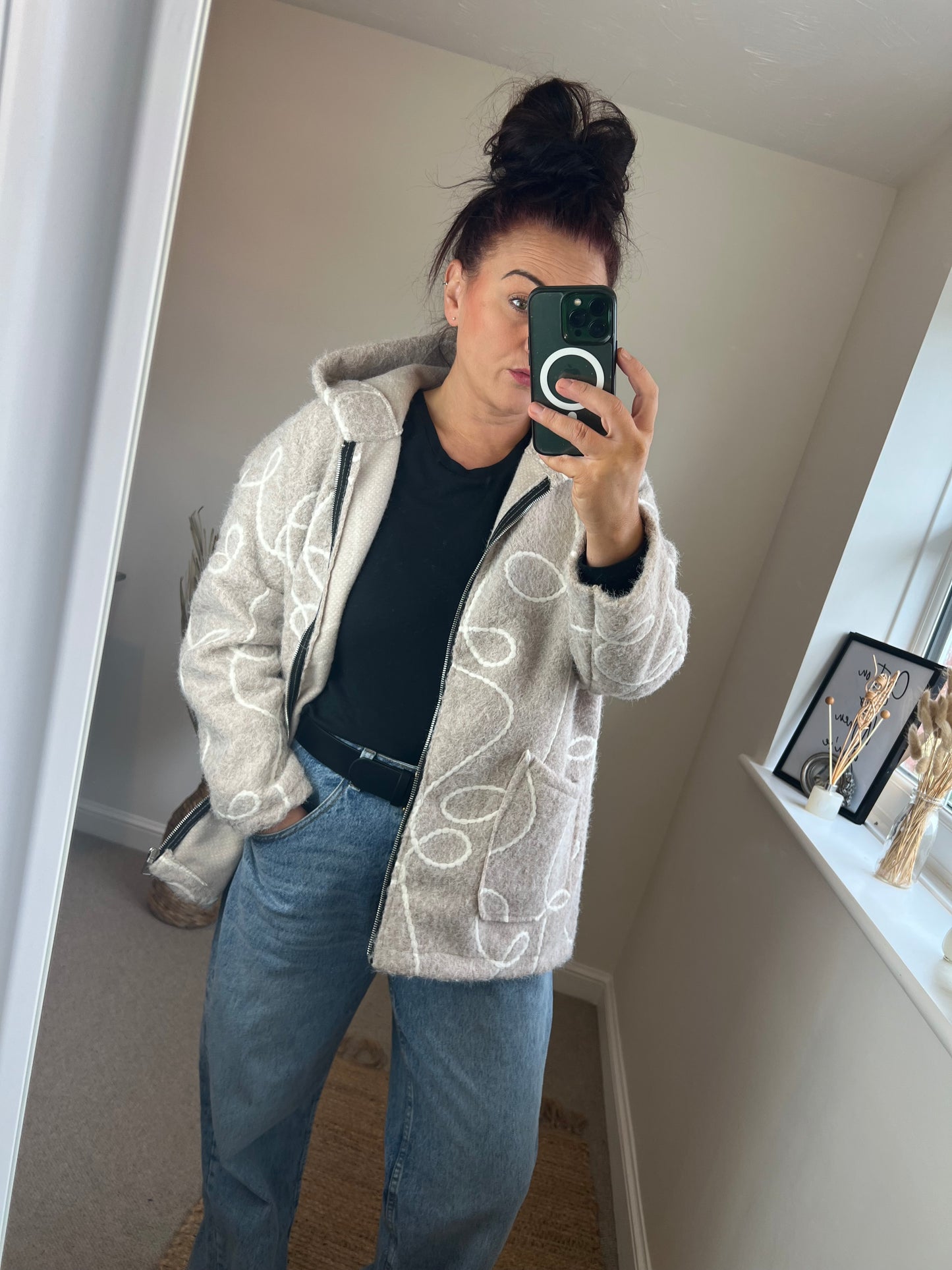 Hooded Embroidered Jacket - Beige