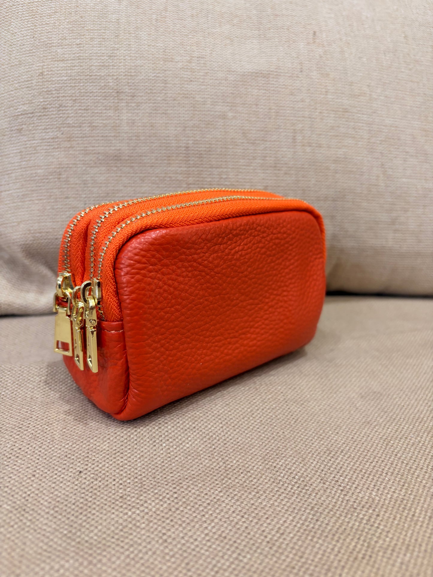 Leather Triple Compartment Purse - Orange