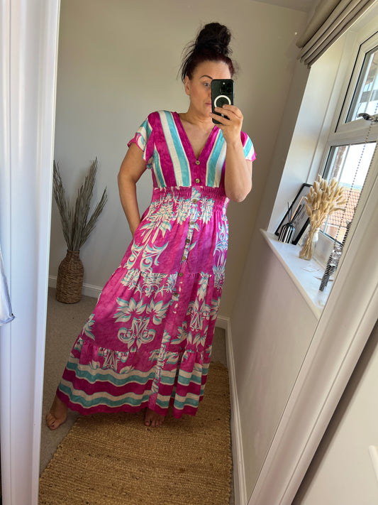 LOTTIE Maxi Button Dress with Pockets - Cerise