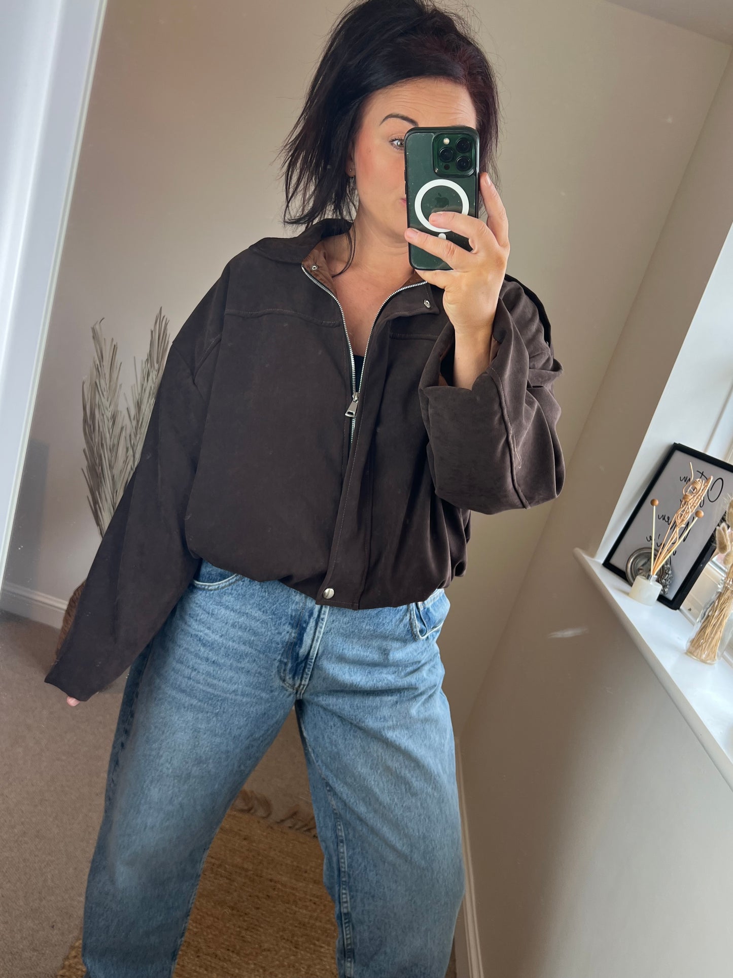 Faux Suede Oversized Bomber Jacket - Chocolate