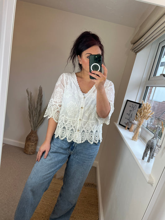 Crochet Lace Two Tone Cardi - Cream