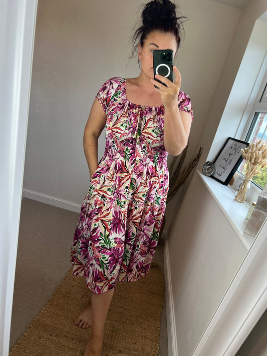 STEVIE Midi Button Dress with Pockets - Tropical