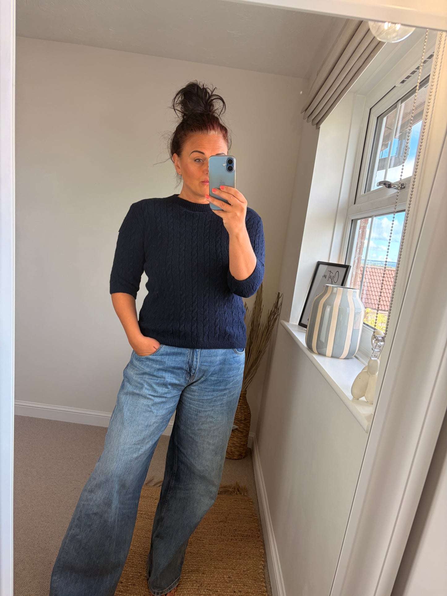 Cable Knit Short Sleeve Jumper - Navy