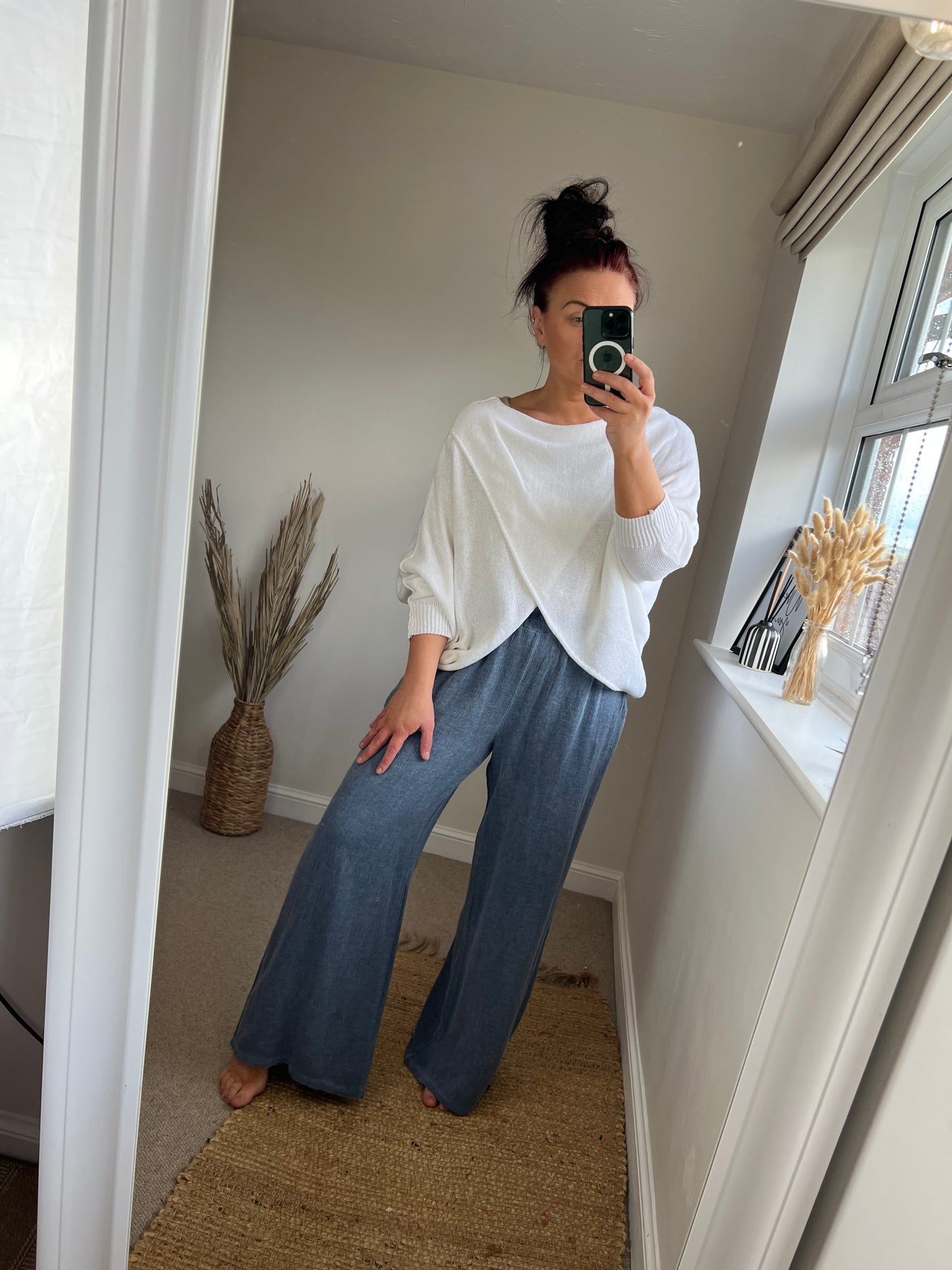 Wide Leg Linen Trousers - Denim Blue