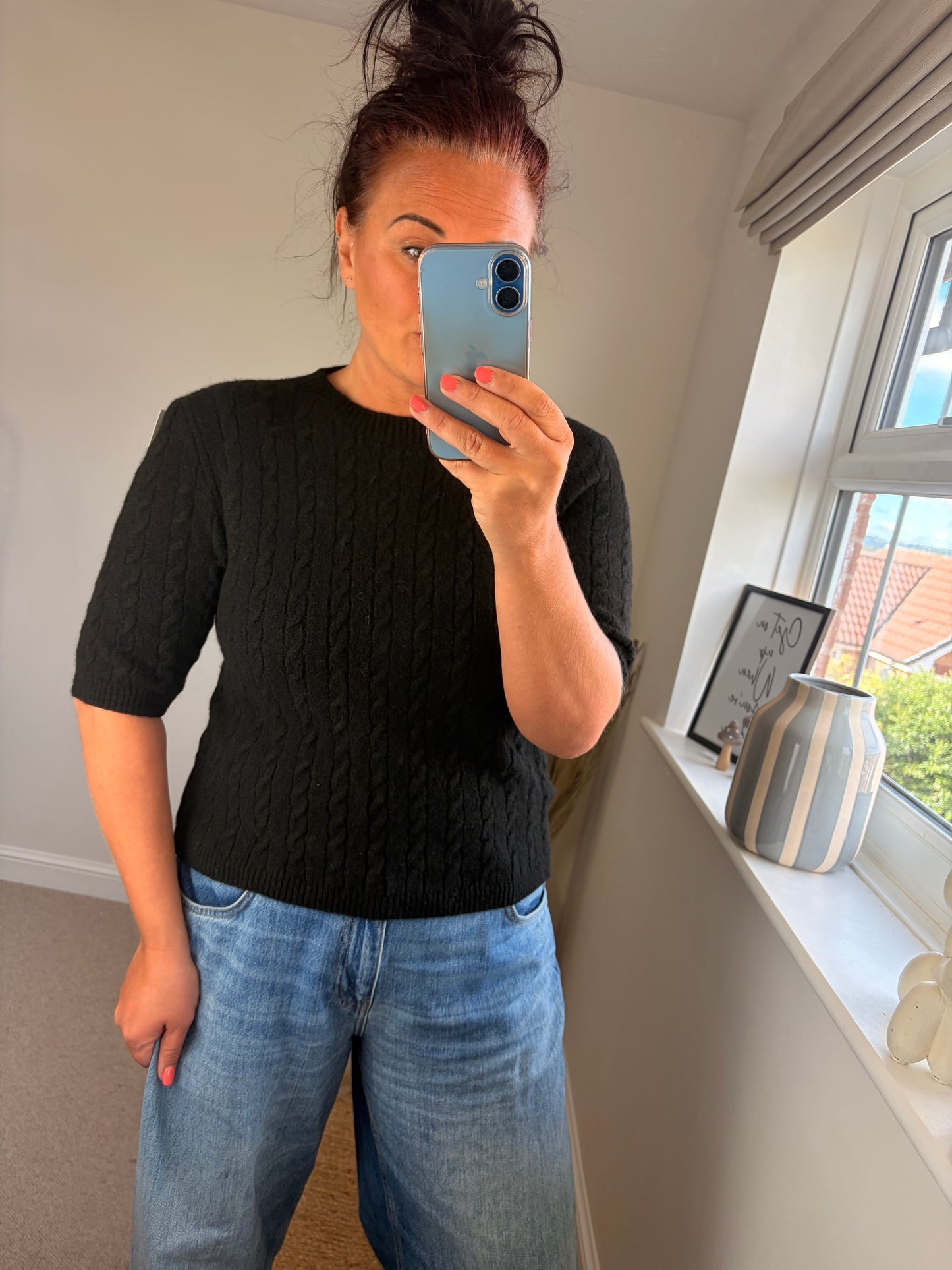 Cable Knit Short Sleeve Jumper - Black
