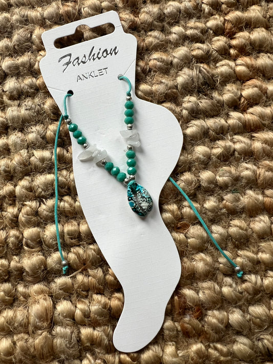 Adjustable Anklet Bracelet - Shell/Crystal Aqua