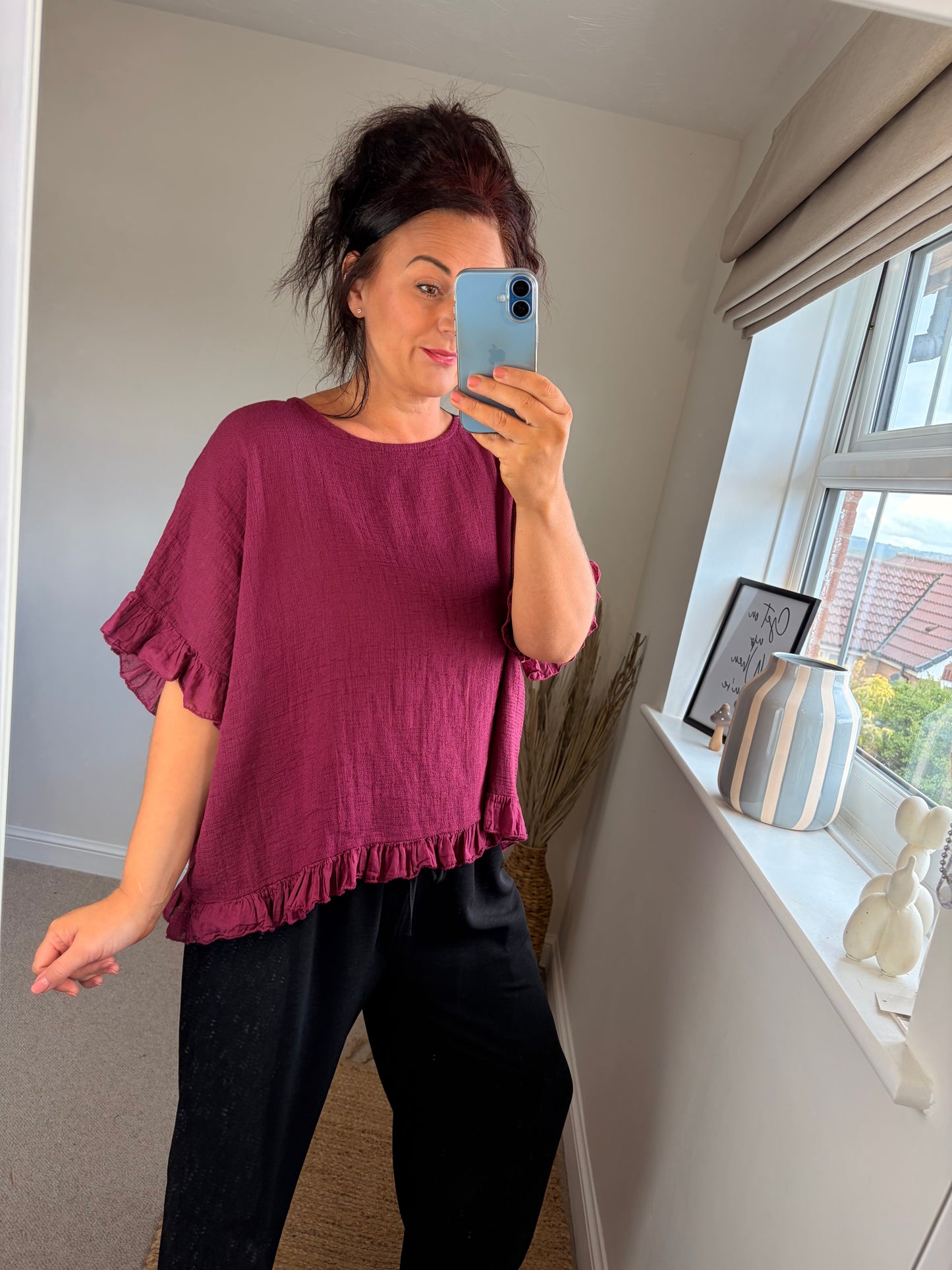 Cotton Ruffle Trim Top - Wine