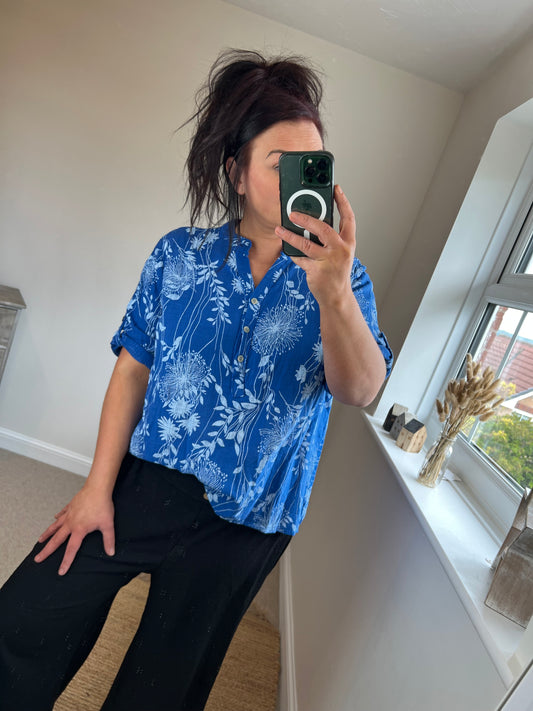 Floral Cotton Shirt - Cobalt
