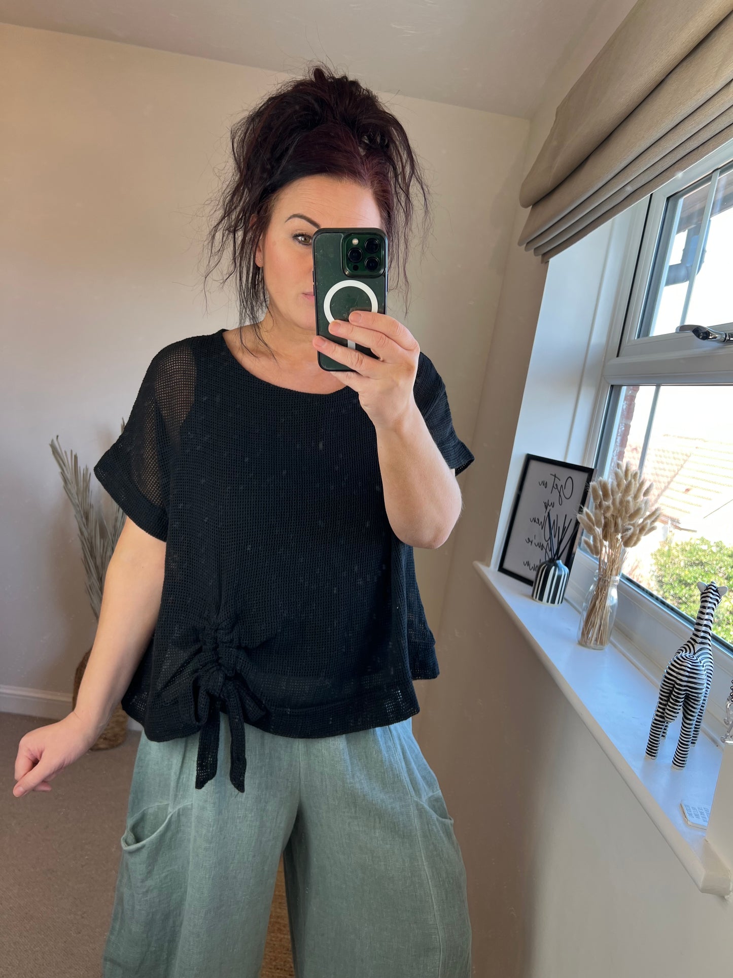 Waffle Drawstring Top - Black