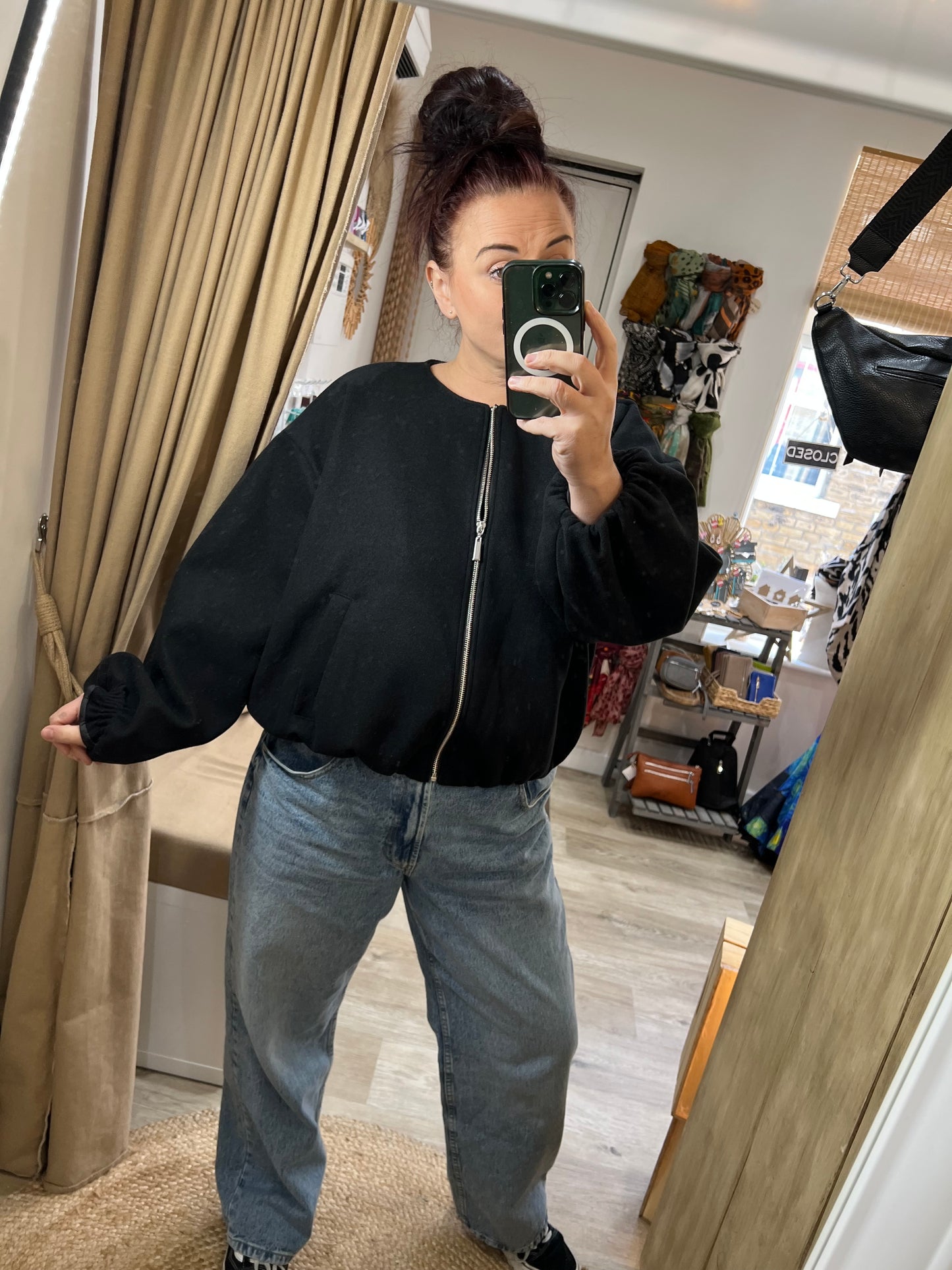 Collarless Bomber Jacket - Black