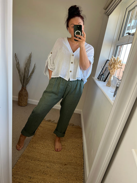 Linen Turn Up Trousers - Khaki