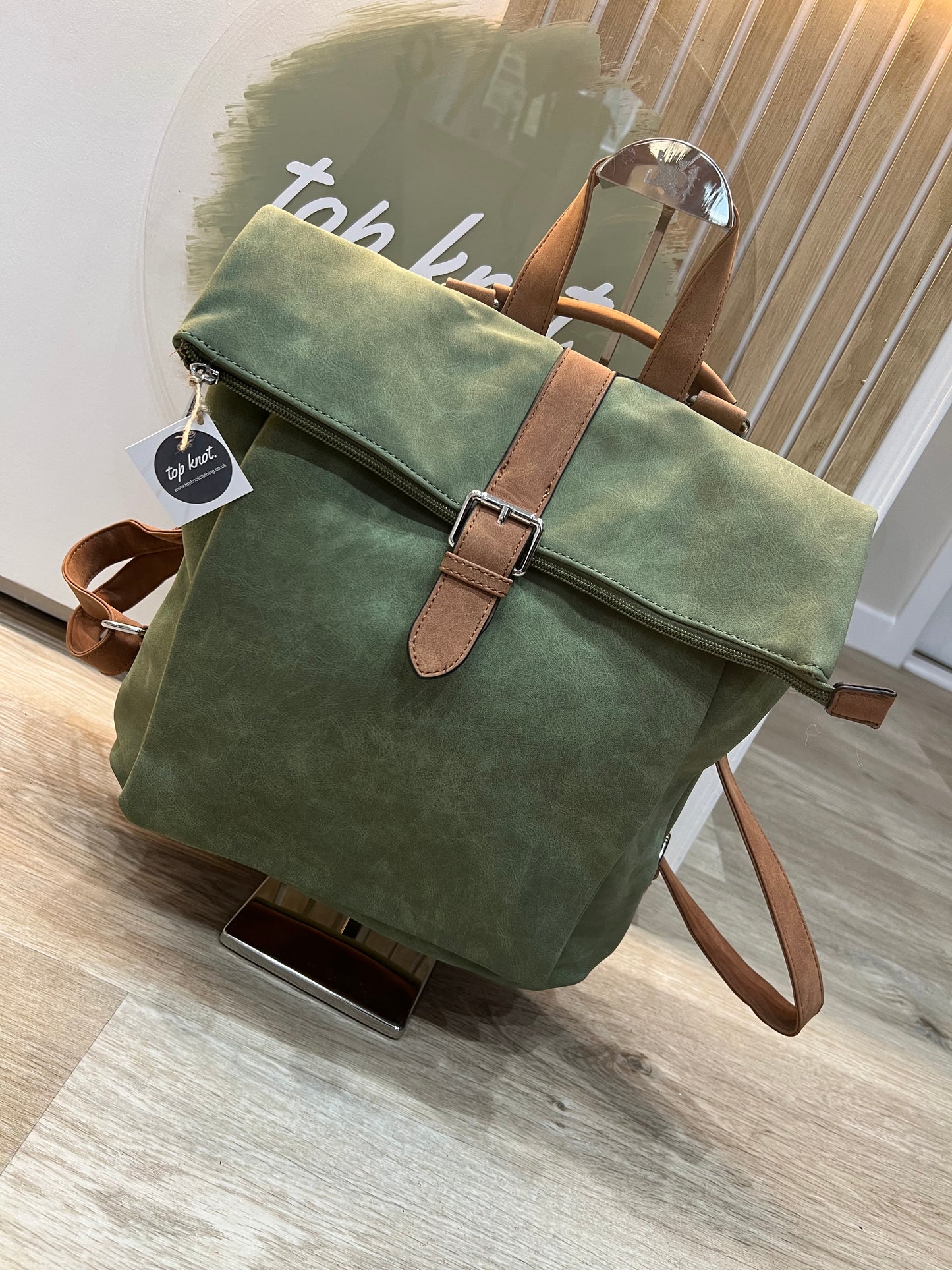 Faux Suede Rucksack - Sage/Tan