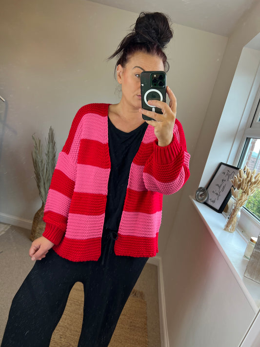 Chunky Knit Stripe Cardigan - Red/Pink