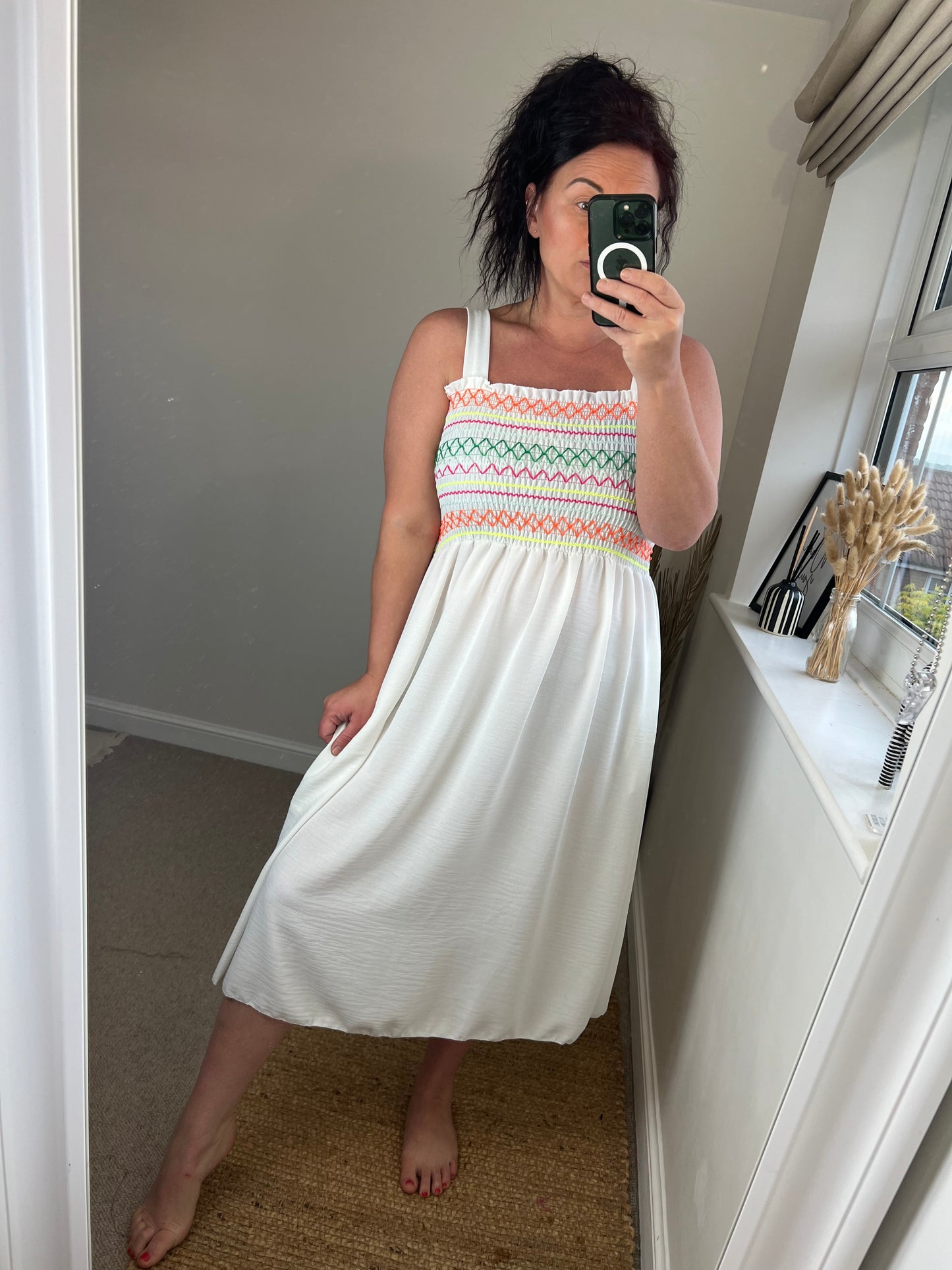 Shirred Bust Midi Dress - White
