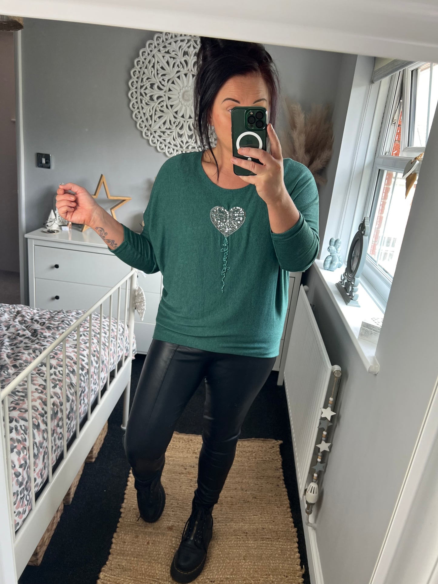Fine Knit Sequin Heart Jumper - Jade