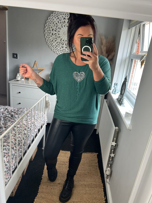 Fine Knit Sequin Heart Jumper - Jade