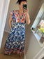 Magic Shirred V Neck Button Dress with Pockets - Blue/Orange