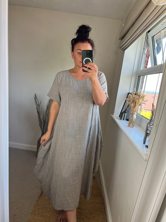 Cotton Stripe Cocoon Dress - Taupe