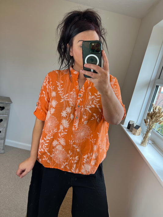 Floral Cotton Shirt - Orange