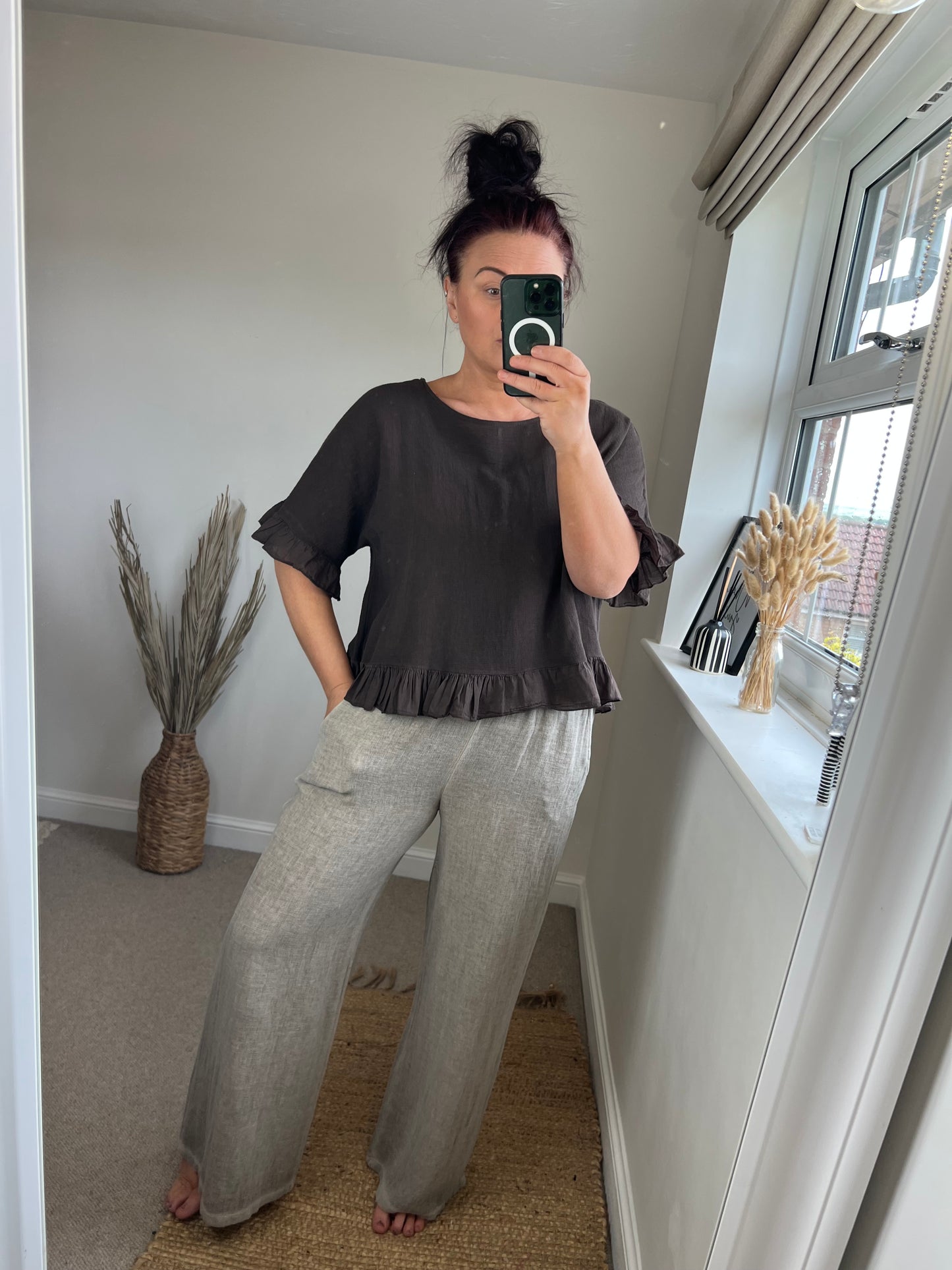 Linen Frill Top - Chocolate
