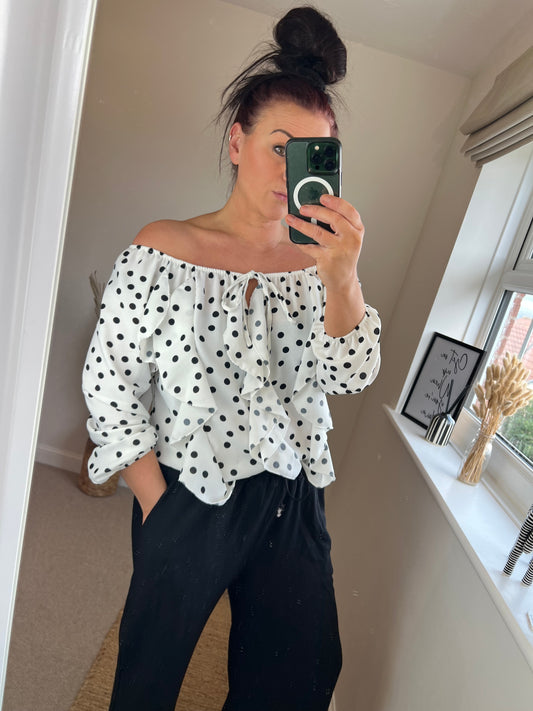 Long Sleeve Frill Spotty Top - White