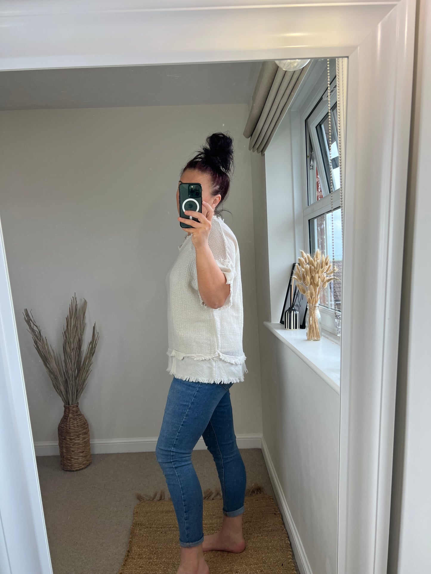 Raw Edge Mesh Top - Beige