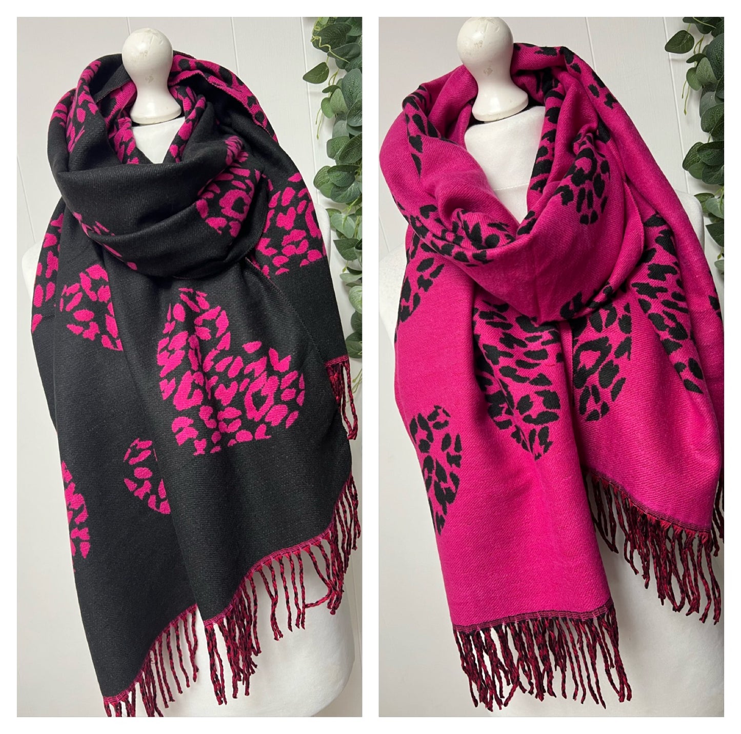 Reversible Leopard Heart Scarf - Black/Cerise