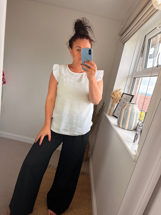 Button Back Frill Sleeve Top - White