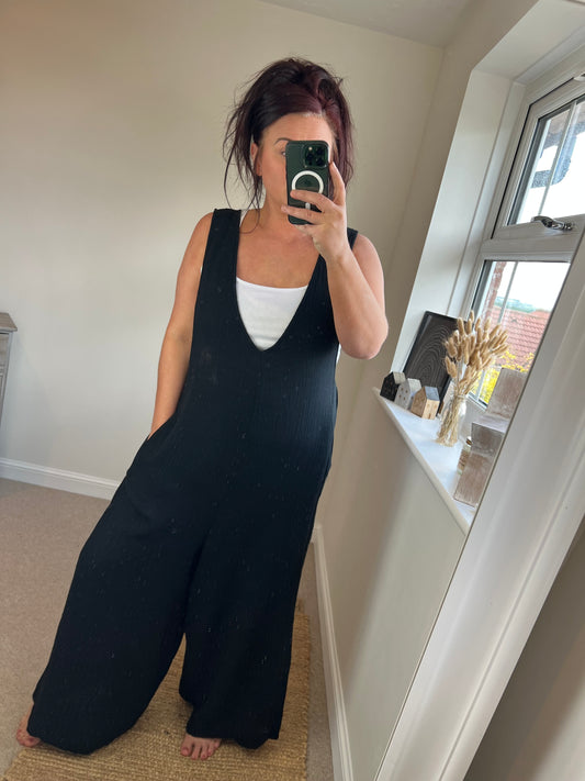 Crinkle Cotton Dungarees- Black