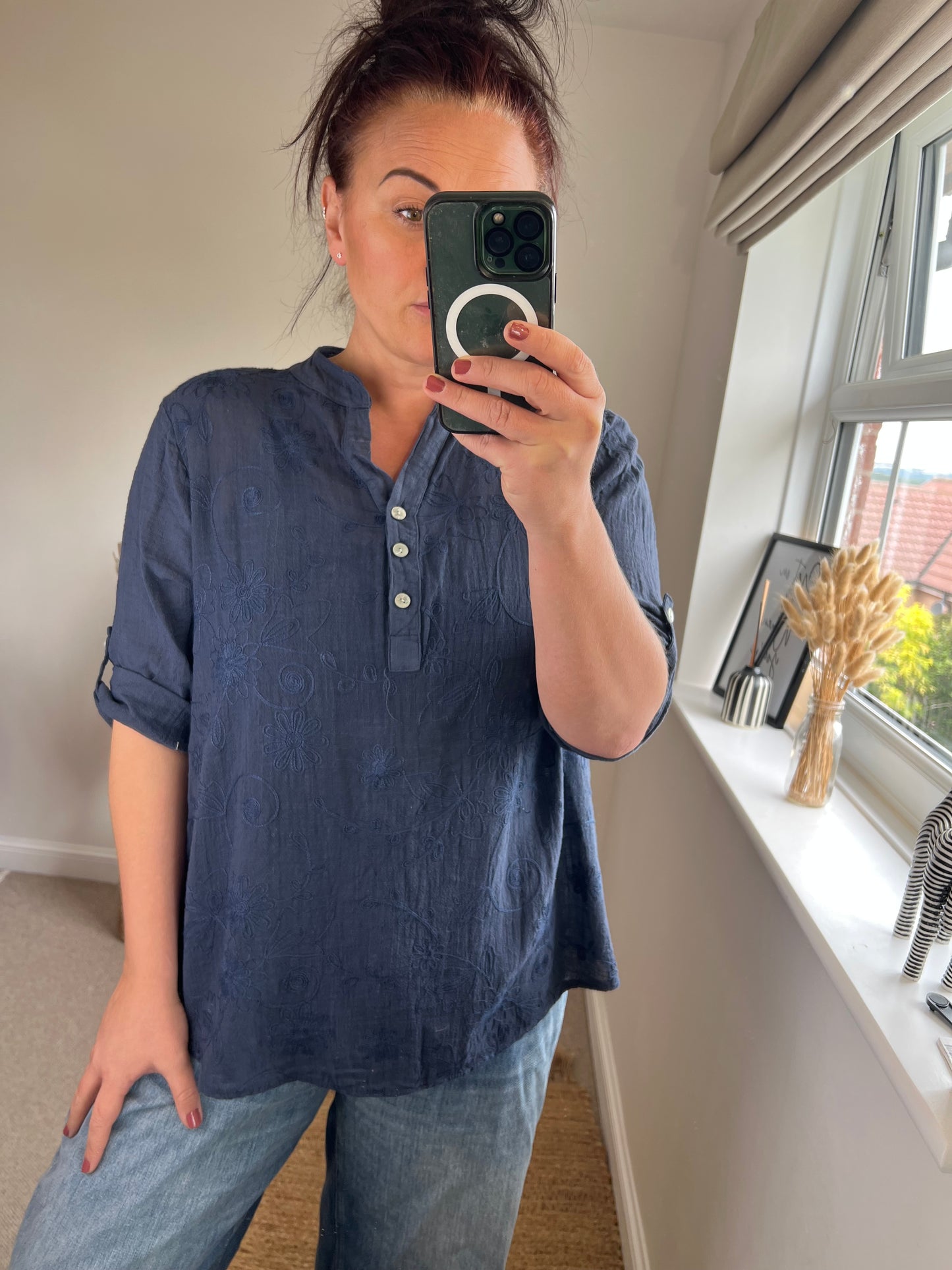 Cotton Shirt - Embroidered Navy