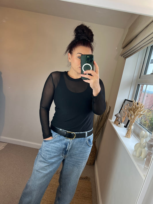 Mesh Long Sleeve Top - Black