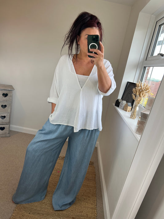 Chambray Denim Wide Leg Trousers