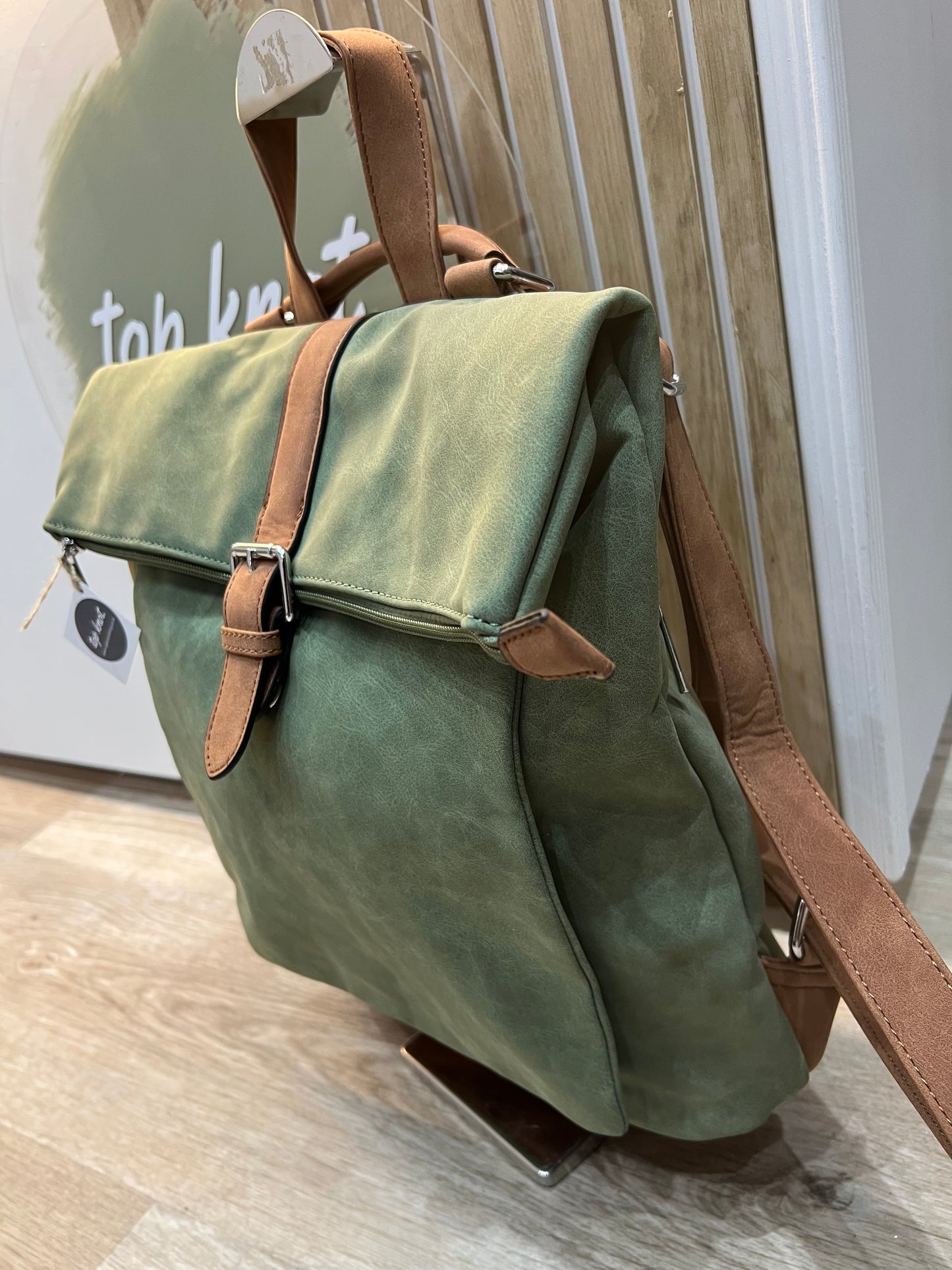 Faux Suede Rucksack - Sage/Tan