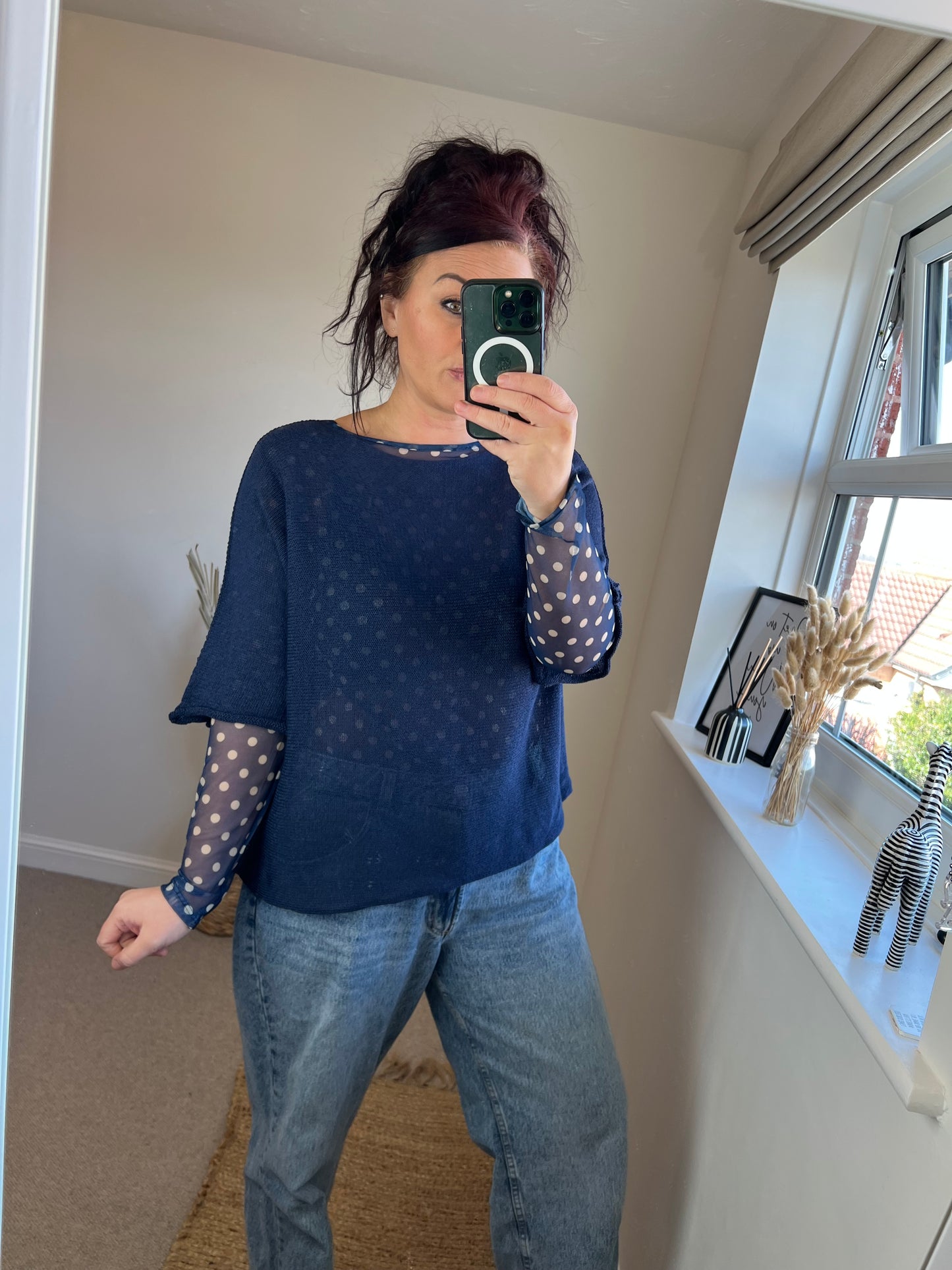 Mesh Long Sleeve Top - Spots Navy