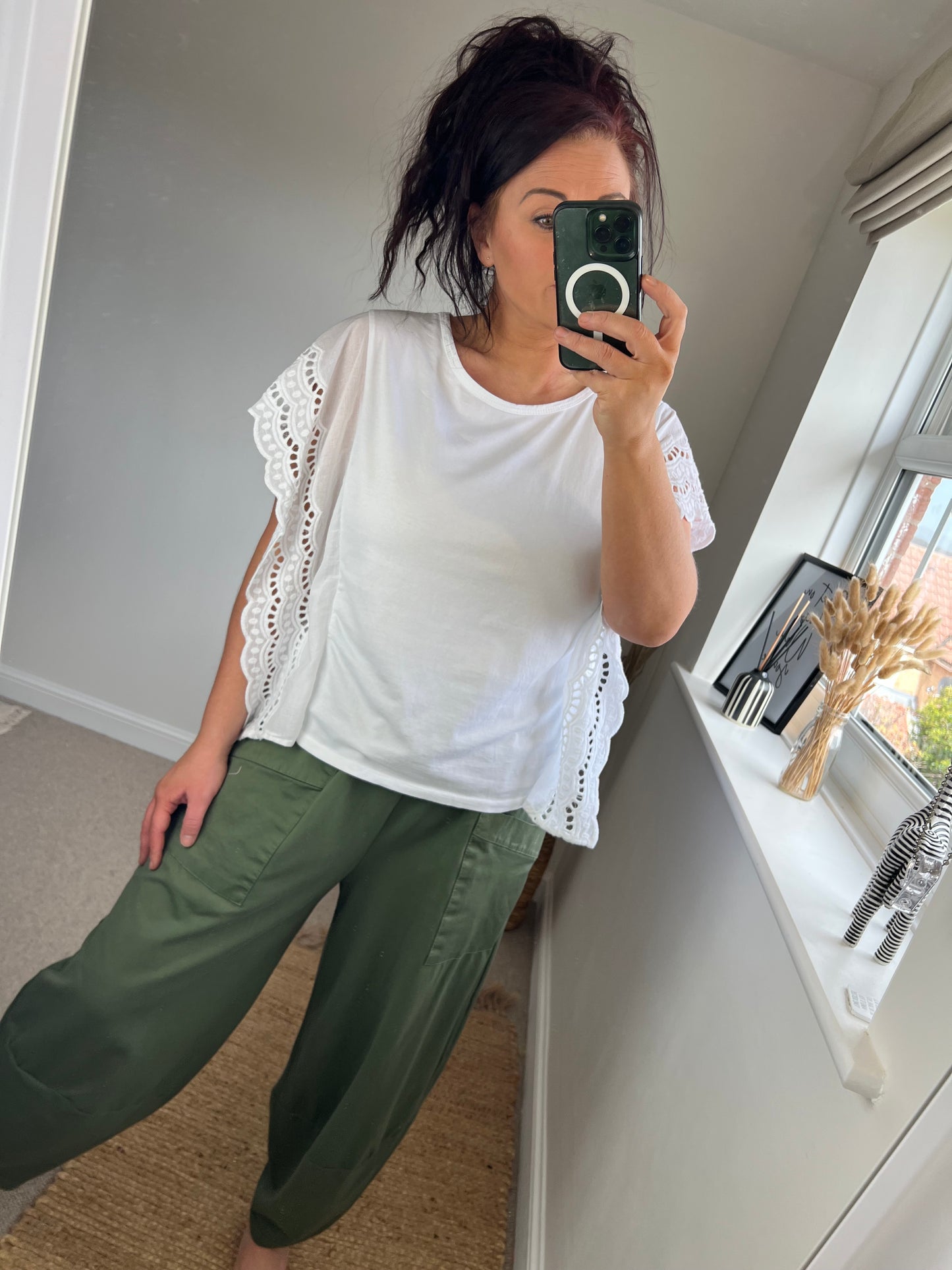 Embroidery Anglaise Frill Sleeve T-Shirt - White