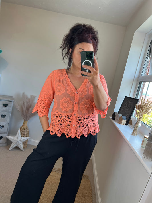 Crochet Lace Cardi - Coral