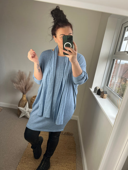 Longline Tunic with Scarf - Blue