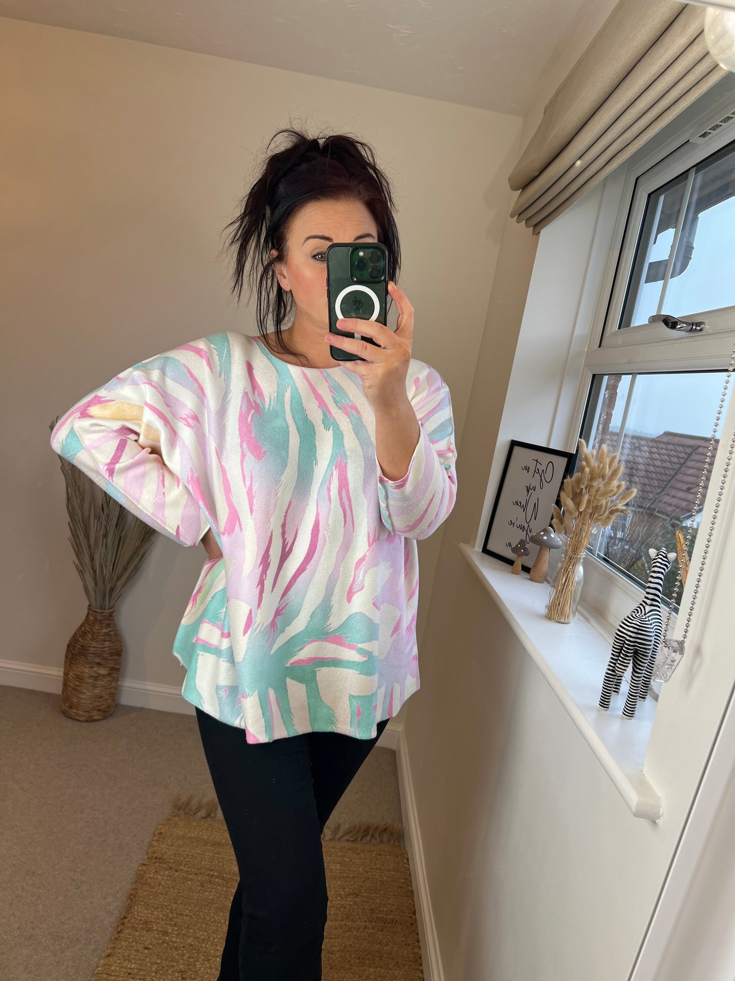 Animal Print Fine Knit Jumper - Pink