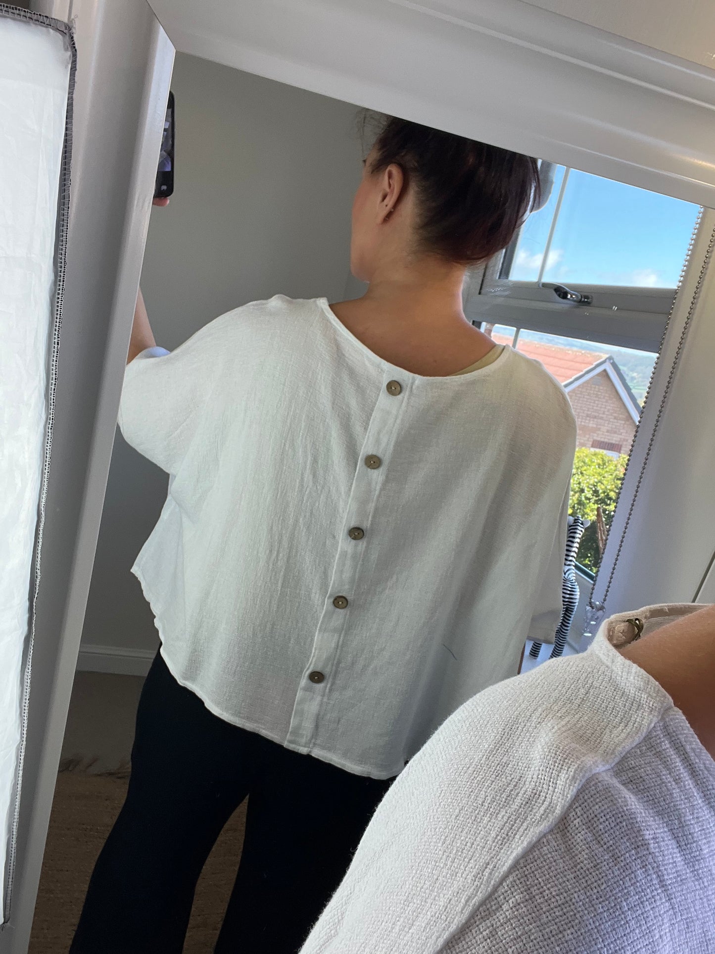 Linen Button Back Top - White