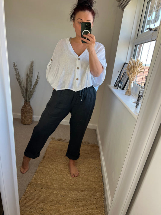 Linen Turn Up Trousers - Charcoal