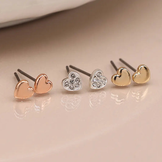 Peace of Mind - Set of 3 Silver Plated Heart Stud Earrings