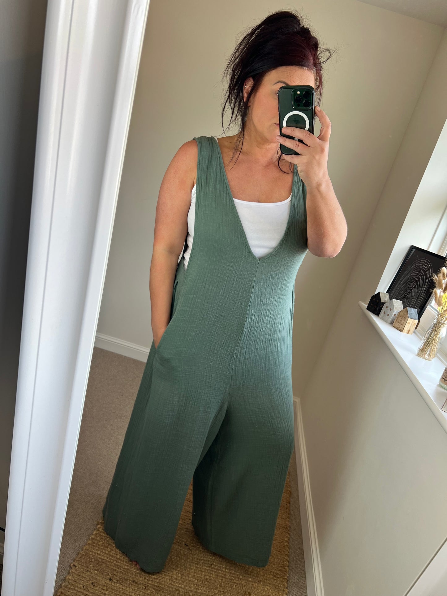 Crinkle Cotton Dungarees- Khaki