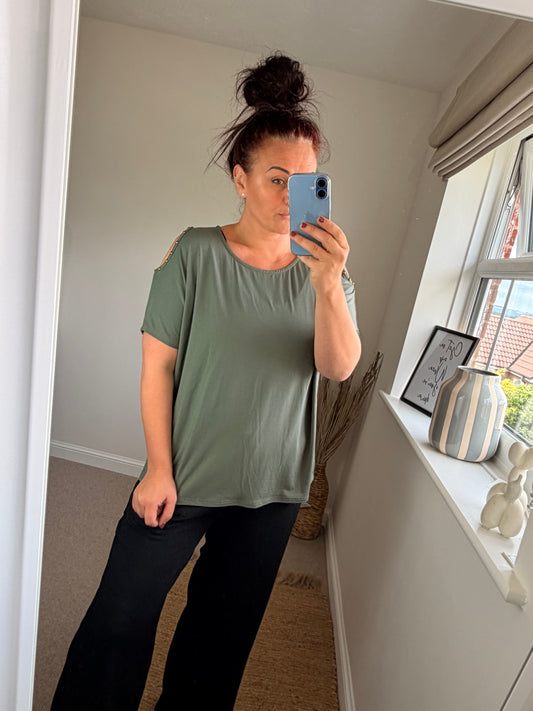 Cold Shoulder Studded Top - Khaki