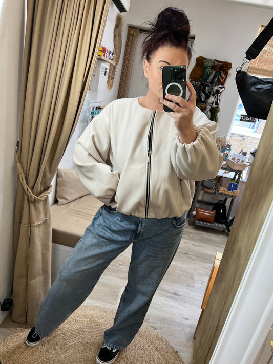 Collarless Bomber Jacket - Cream