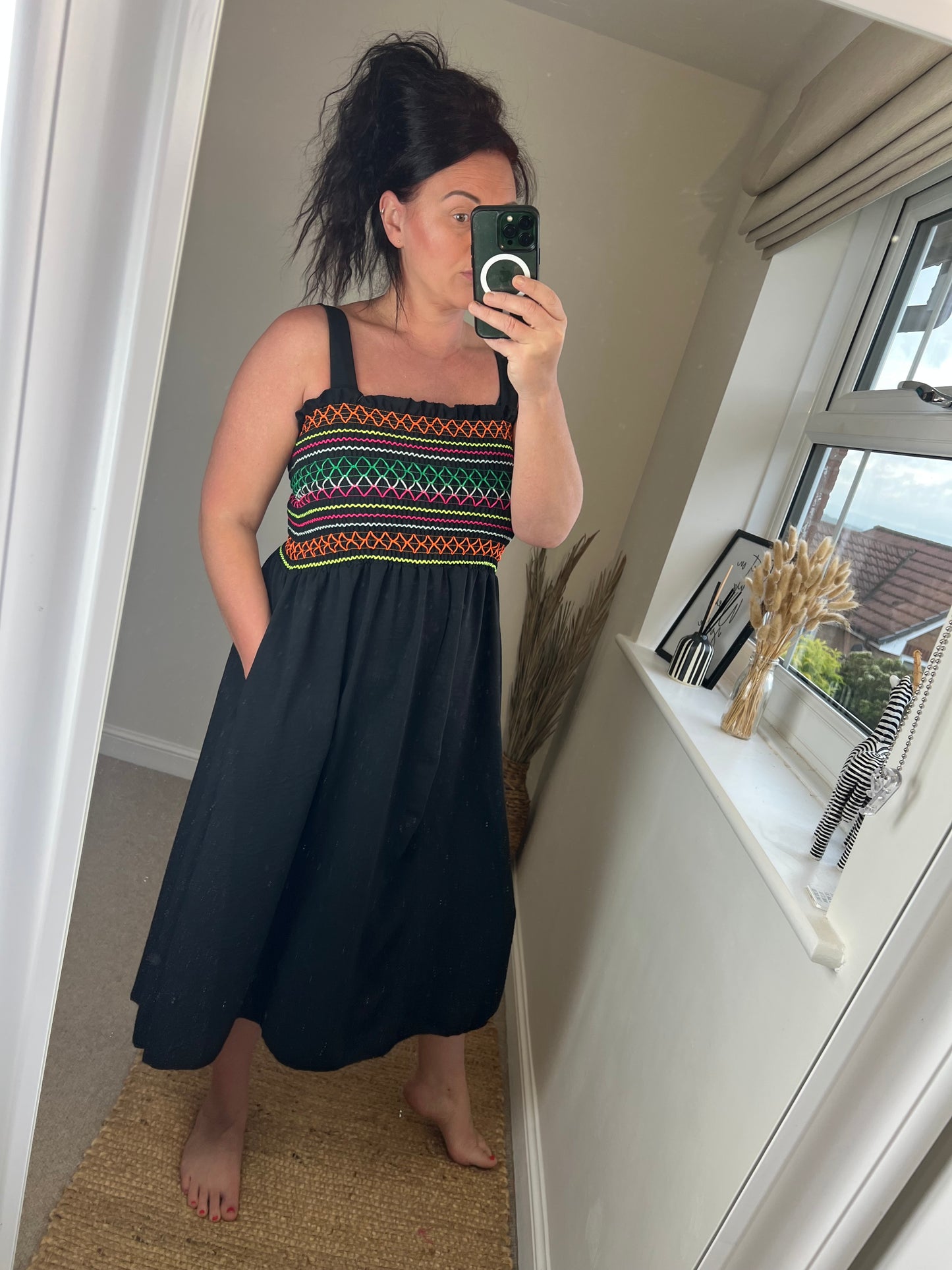 Shirred Bust Midi Dress - Black