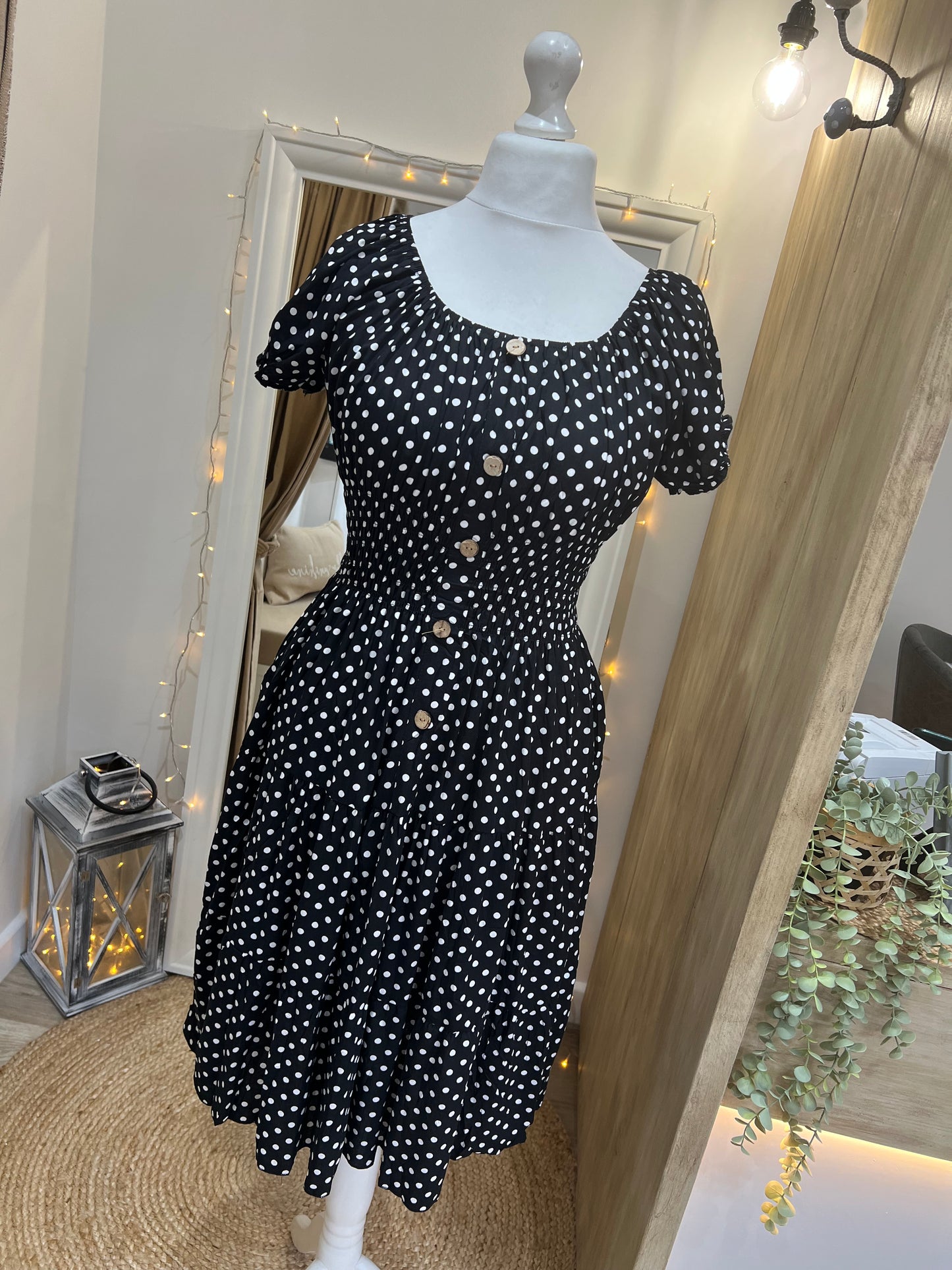 Magic Short Shirred Button Dress - Black Spotty